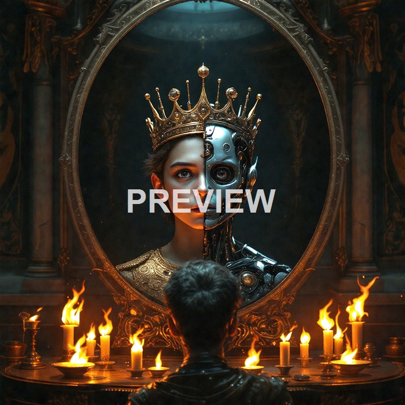 A woman looking into a mirror that reflects her face half-human and half-robotic, with a crown on her head and candles burning in front of the mirror.